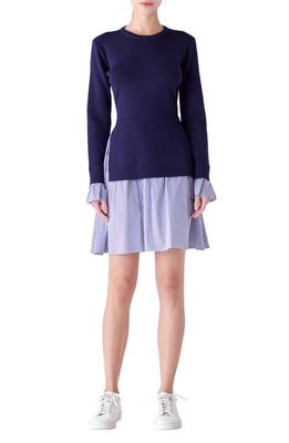 English Factory Combo Knit & Poplin Dress in Navy Stripe