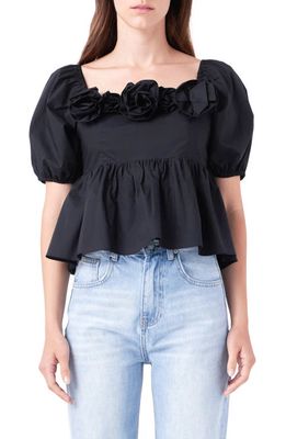 English Factory Corsage Detail Cotton Poplin Top in Black