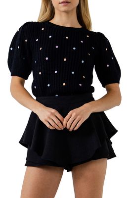 English Factory Dot Embroidered Short Sleeve Sweater in Black
