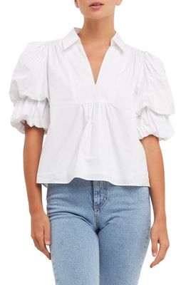 English Factory Double Puff Sleeve Cotton Popover Blouse in White