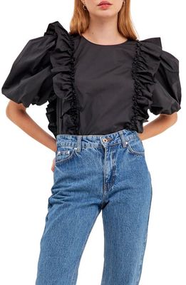 English Factory Double Ruffle Puff Sleeve Cotton Blouse in Black