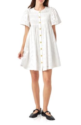 English Factory Embroidered Cotton Eyelet Button-Up Babydoll Dress in White