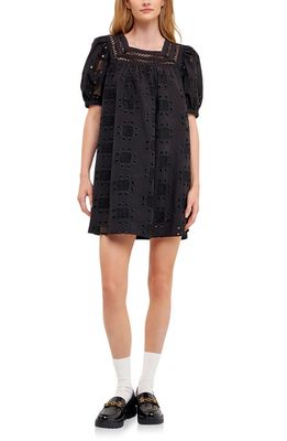 English Factory Embroidered Cotton Eyelet Shift Dress in Black