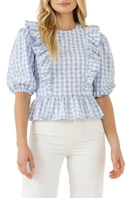 English Factory Embroidered Gingham Print Top in Powder Blue