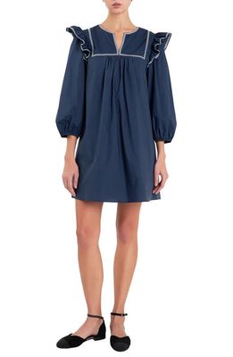 English Factory Embroidered Ruffle Cotton Minidress in Navy/White