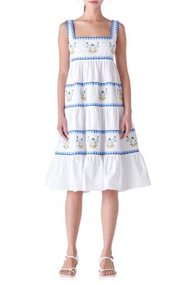 English Factory Embroidered Tiered Cotton Midi Dress in Ivory/Blue
