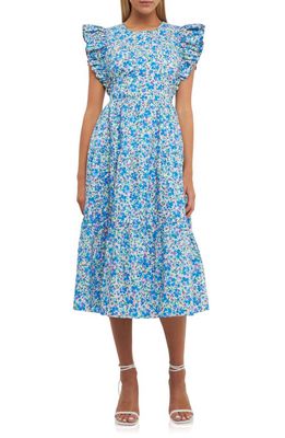 English Factory Floral Cutout Back A-Line Dress in Blue Multi