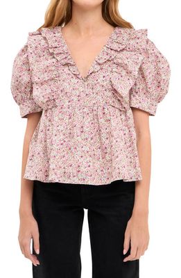 English Factory Floral Ruffle Cotton Top in Ivory Multi