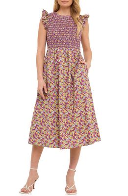 English Factory Floral Smocked Cotton Midi Dress in Multi
