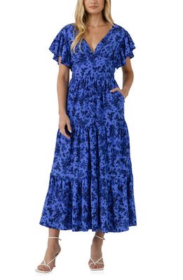 English Factory Floral Tiered Midi Dress in Blue Multi