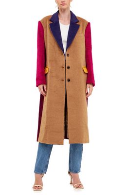 English Factory Fringe Premium Colorblock Oversized Coat in Camel Multi