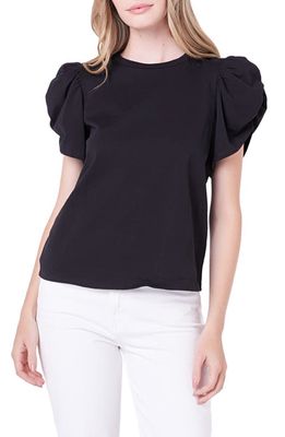 English Factory Gathered Sleeve Knit Top in Black