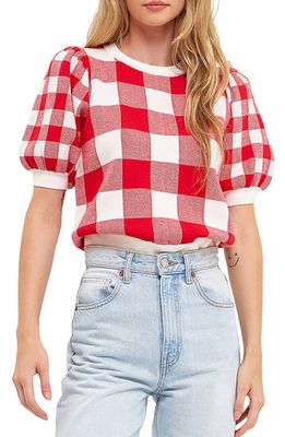 English Factory Gingham Puff Sleeve Sweater in Red