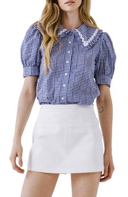 English Factory Gingham Short Sleeve Blouse in Navy