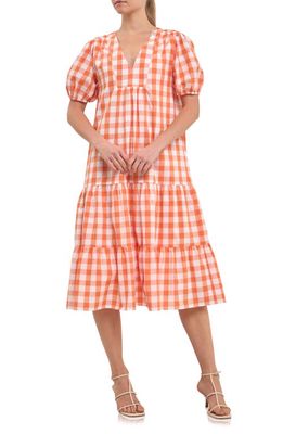 English Factory Gingham Tiered Puff Sleeve Cotton Midi Dress in Orange