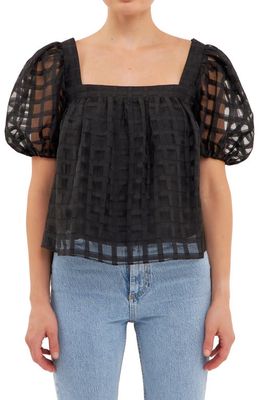 English Factory Grid Pattern Puff Sleeve Organza Top in Black