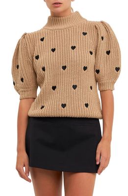 English Factory Heart Embroidered Puff Sleeve Sweater in Beige/Black