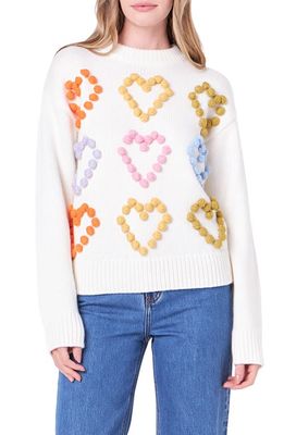 English Factory Heart Pom Sweater in Ivory Multi