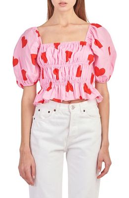 English Factory Heart Shape Shirred Crop Blouse in Pink/red