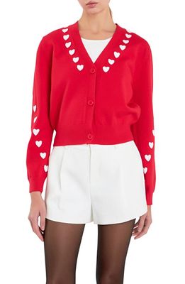 English Factory Heart V-Neck Crop Cardigan in Red
