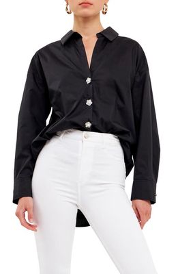 English Factory Imitation Pearl Button-Up Cotton Shirt in Black