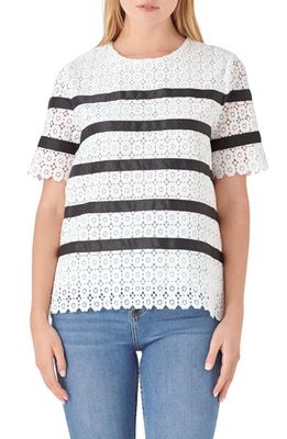 English Factory Lace Stripe Top in White/Black