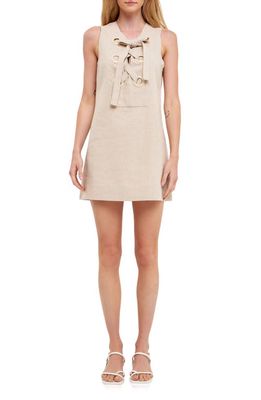 English Factory Lace-Up Detail Linen & Cotton Dress in Tan