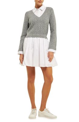English Factory Layered Long Sleeve Mixed Media Dress in Heather Grey/White