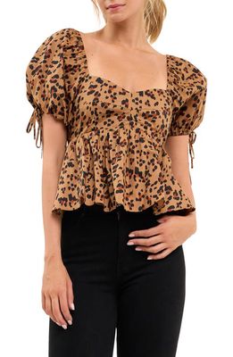 English Factory Leopard Puff Sleeve Top in Brown Multi