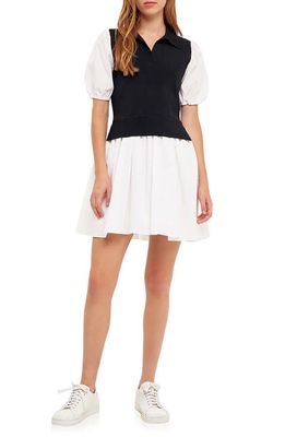 English Factory Mix Media Fit & Flare Dress in Black/Ivory