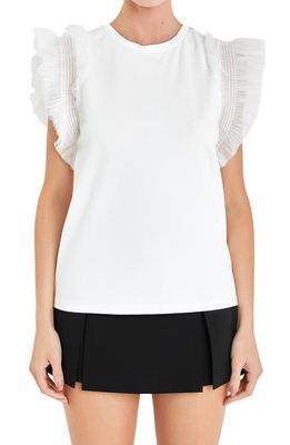 English Factory Mix Media Flutter Sleeve Knit Top in Off White