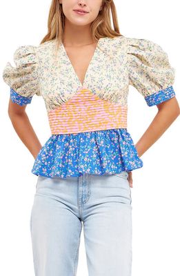 English Factory Mixed Floral Puff Sleeve Peplum Cotton Top in Coral Multi