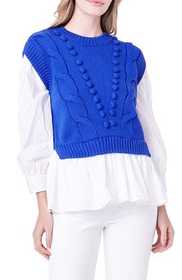 English Factory Mixed Media Cable Stitch Sweater in Cobalt Blue/White