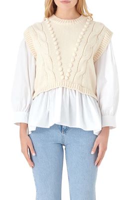 English Factory Mixed Media Cable Stitch Sweater in Cream/White