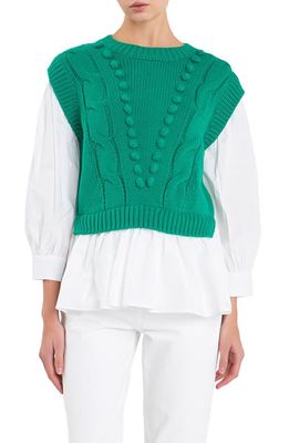 English Factory Mixed Media Cable Stitch Sweater in Green/White