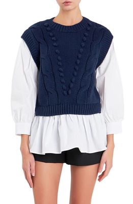English Factory Mixed Media Cable Stitch Sweater in Navy/White