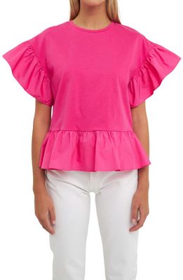 English Factory Mixed Media Flutter Sleeve Peplum Cotton Top in Fuchsia