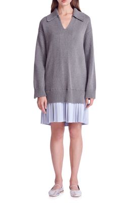 English Factory Mixed Media Pleated Minidress in Grey/Powder Blue