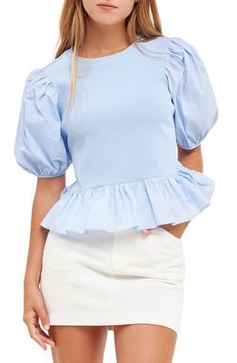 English Factory Mixed Media Puff Sleeve Peplum Top in Blue