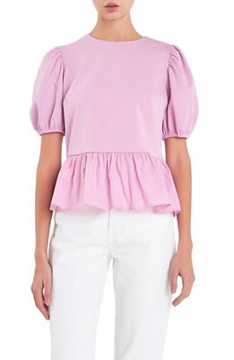 English Factory Mixed Media Puff Sleeve Peplum Top in Lavender