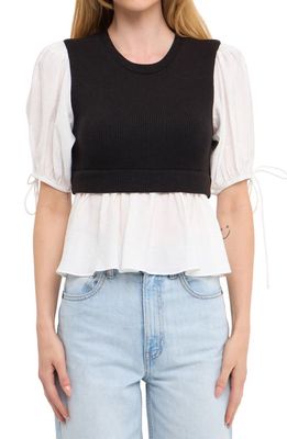 English Factory Mixed Media Puff Sleeve Top in Black/White