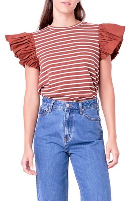 English Factory Mixed Media Stripe Ruffle Sleeve Top in Brown/White