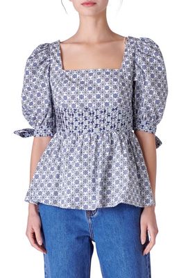 English Factory Mixed Print Cotton Peplum Top in White/Blue