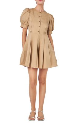 English Factory Pintuck Puff Sleeve Fit & Flare Dress in Nude