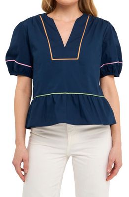 English Factory Piping Detail Puff Sleeve Top in Navy