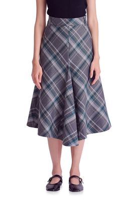 English Factory Plaid A-Line Midi Skirt in Grey/Green