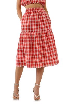 English Factory Plaid Cotton Midi Skirt in Red