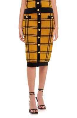 English Factory Plaid Double Knit Midi Pencil Skirt in Yellow/Black