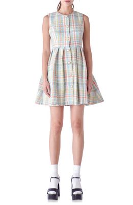 English Factory Plaid Pleated Bouclé Minidress in Light Blue Multi