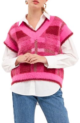 English Factory Plaid Short Sleeve Sweater in Fuchsia